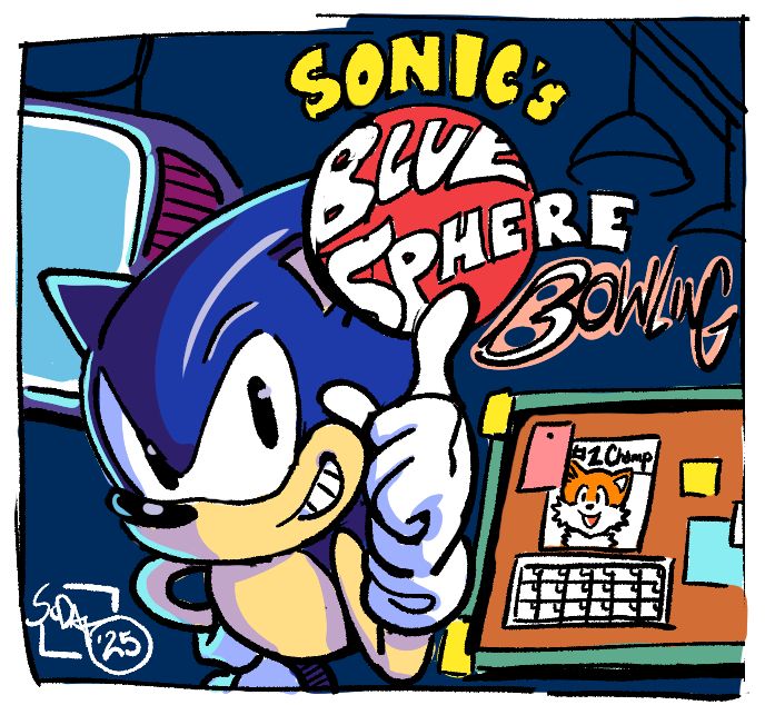A title screen concept for a Sonic bowling fangame, "Sonic's Blue Sphere Bowling". Sonic cheekily spins a red sphere on his finger.