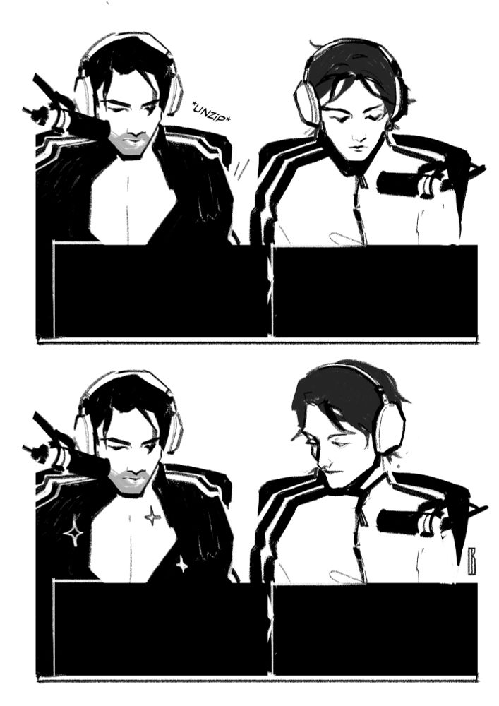 Jayce and Viktor are streaming. Jayce unzips his shirt. Viktor is staring