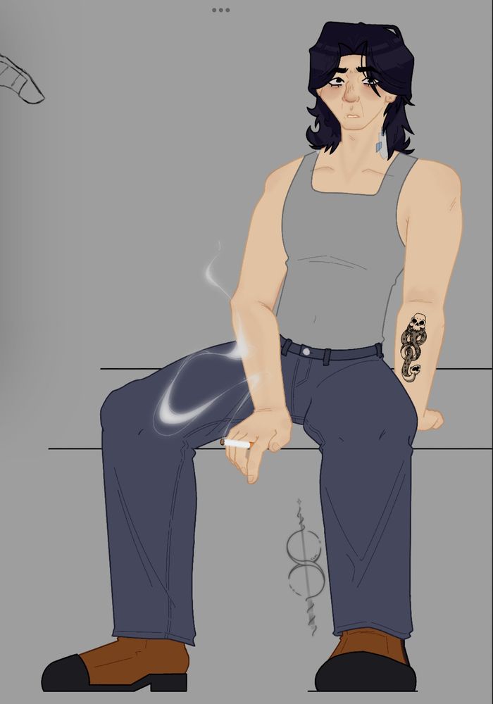 A drawing of Severus Snape in a gray tank top and dark purple gray trousers. He had a bandage taped to the left side of his neck - right side when looking at him like this.
He is holding a cigarette in his right hand.
His left arm shows his Dark Mark fully.
His hair looks like a mullet because it was drawn to be a half pony.