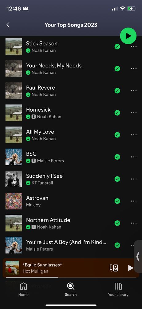 screenshot of “your top songs 2023” playlist on spotify, showing mostly noah kahan songs