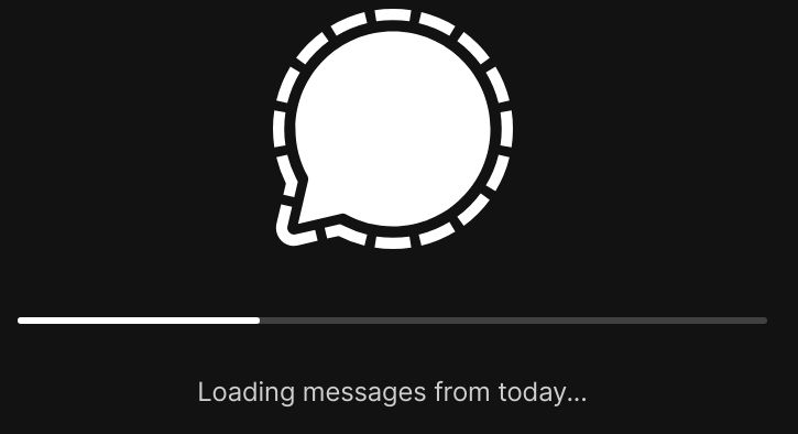 Screenshot of Signal-Desktop, displaying "Loading messages from today..." and a progress bar.