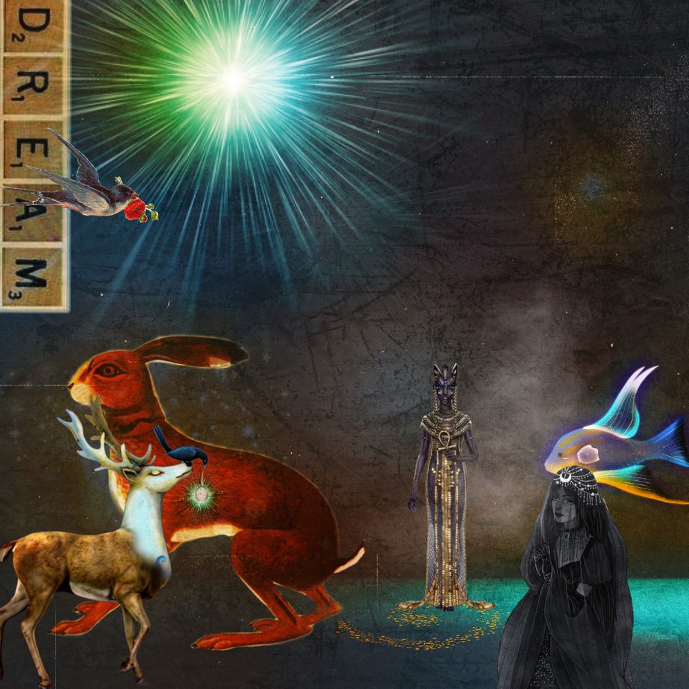 A digital collage with a many-rayed light in a murky background, a flying bird carrying a rose, a giant hare, a reindeer with a crow perched on its nose carrying a lantern, an Egyptian goddess figure, a shadowy mystic figure in a star-strewn veil and a large glowing fish swimming among them. 