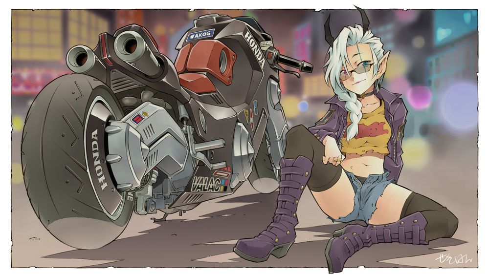 illustration of female character with white hair and black horns, wearing a dark purple jacket over a yellow crop top, small jean shorts and puple boots, sitting in front of futuristic looking black Honda motorcycle