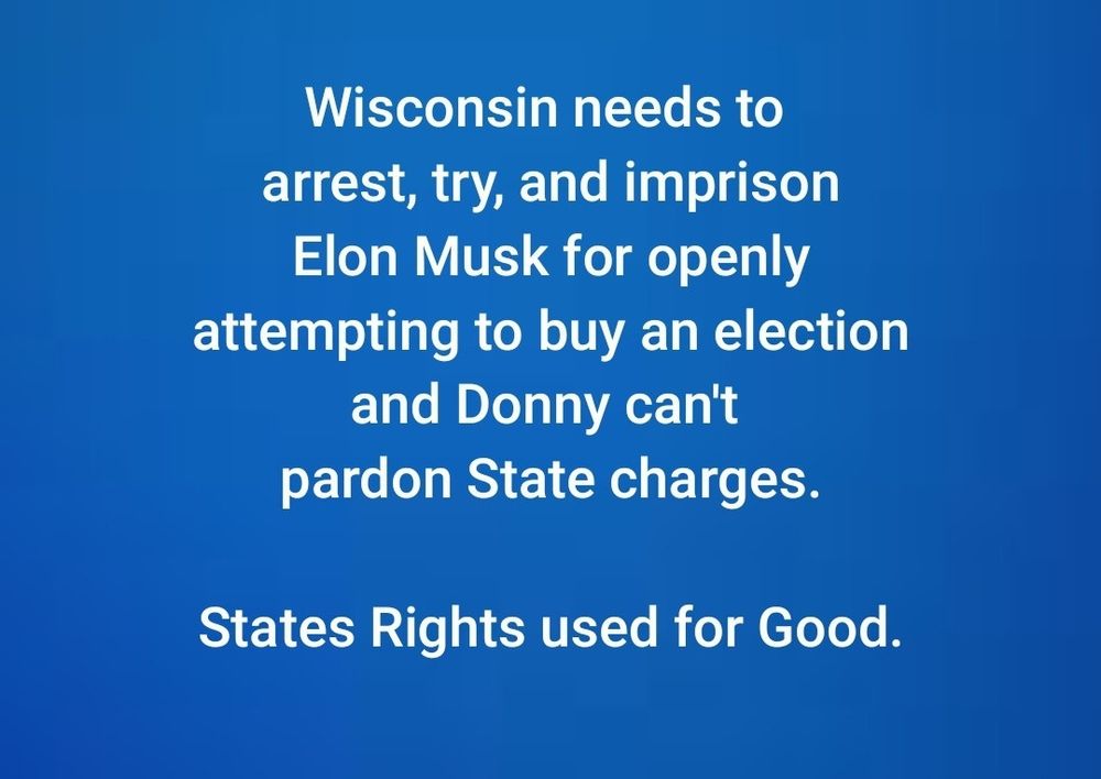 text only: "Wisconsin needs to arrest, try, and imprison Elon Musk for openly attempting to buy an election and Donny can't pardon State charges. States Rights used for Good."