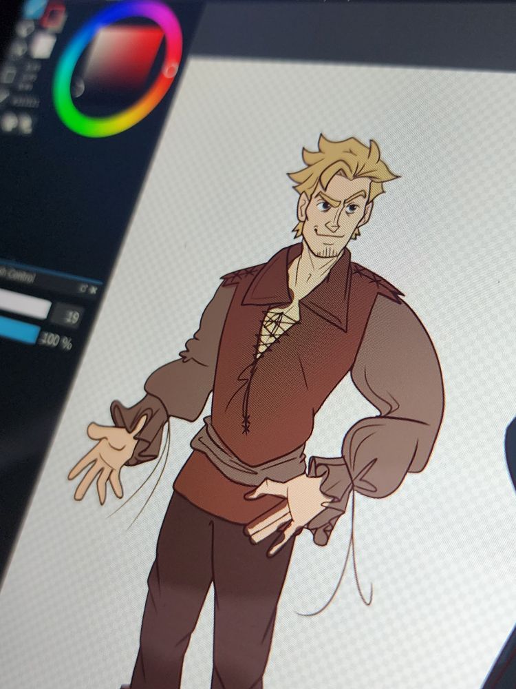 A work in progress digital drawing of the character Kelsier from the Mistborn book series by Brandon Sanderson. He has wavy blonde hair, stubble, and a confident, mischievous smirk. He is wearing a strung together shirt with long loose sleeves. The drawing is colored with base colors, and the digital programs ui is visible in the corner.