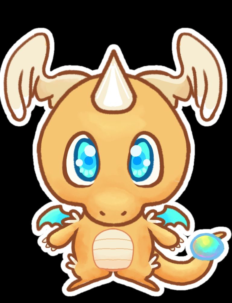 A cute stylized chibi version of mega dragonite. It has a rounded yellow bodn, a white horn on its forehead, and two small wings on its head. Its eyes are large and bright blue with white highlights. It has small teal colored wings and a tail with a glowing multi colored orb at the end. The overall style is soft and painterly with a thick white outline.