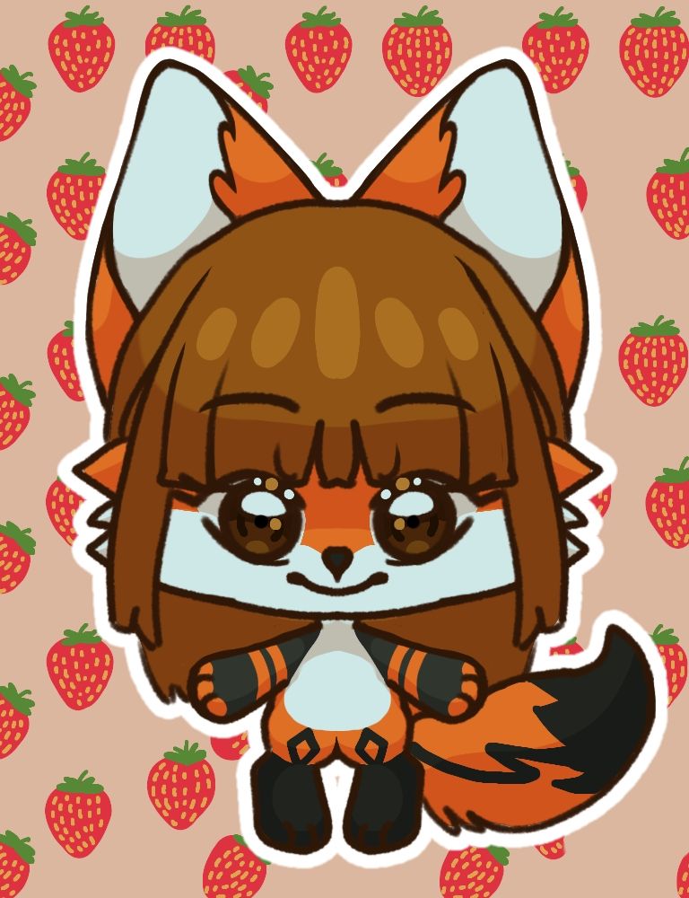 A stylized chibi anthro fox character with brown hair and orange fur. The background is a light pinkish brown with small illustrations of strawberries