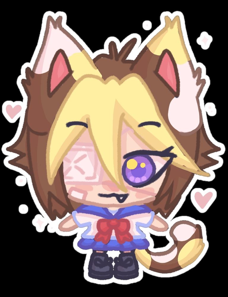 A cute stylized chibi character with brown and yellow hair, pointy cat ears, and one purple eye showing. The other eye is covered by a white patch. The character had a small happy mouth with a tiny tooth sticking out of it. They are wearing a blue and white sailor-style uniform with a large red bow and black shoes. The artwork uses a soft pastel color palette and has a thick white outline. The body is more complex than on previous chibis.