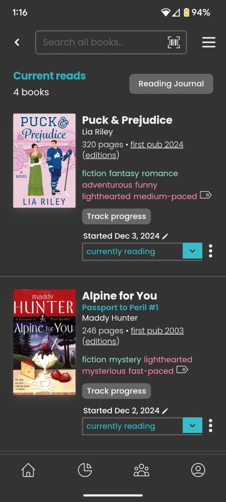 Screen shot of Storygraph app- 2 books Puck & Prejudice and Alpine For You