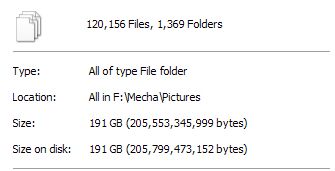 Screencap of my mecha images folder, which consists of settei and other official artwork, official model and figure photography, and artbook publications totaling 191gbs