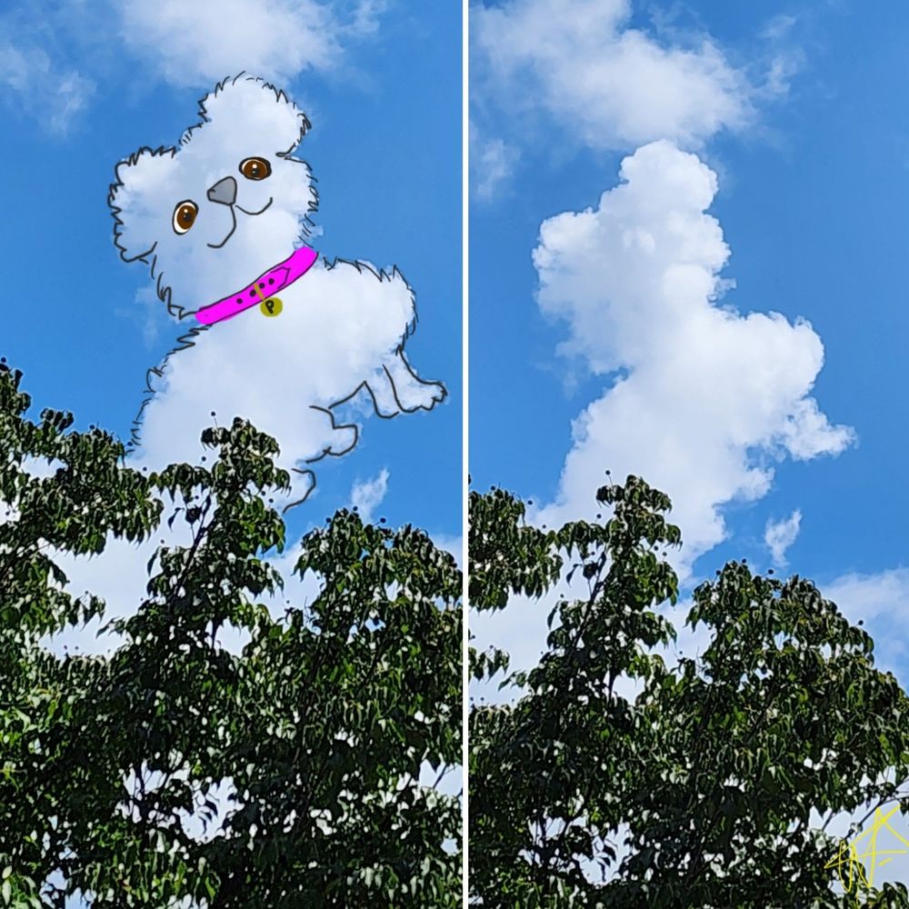 Two photos of one cloud. 1 shows what the cloud inspired me to draw. My 1st Cloudthing was a helicopter on 10 June 2018 and I have been doing them ever since, some are old, some are new, some I spend 5 minutes on, some I spend 20 minutes on. Frivolous fleeting fun because why not. 😺☁️