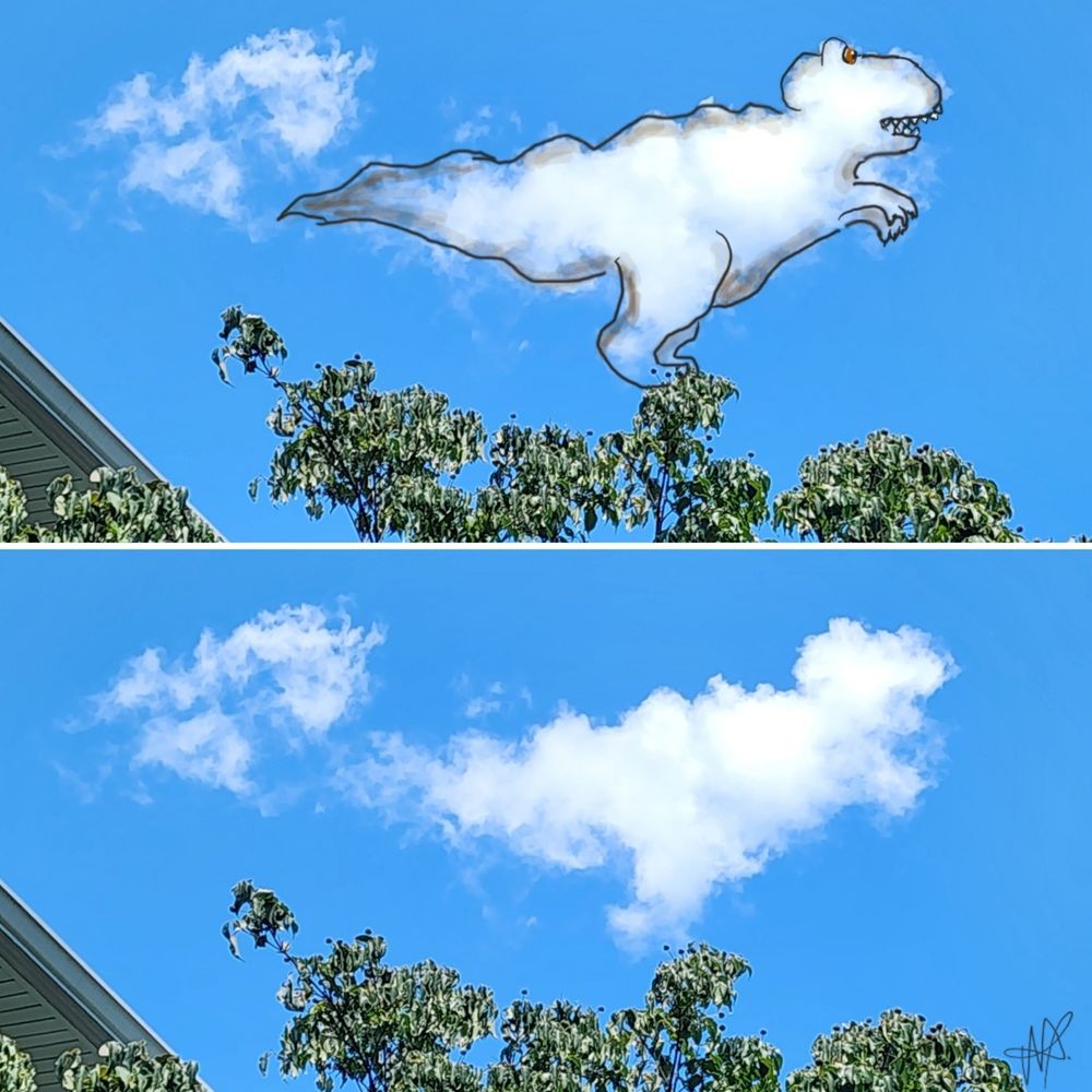 Two photos of one cloud. 1 shows what the cloud inspired me to draw. My 1st Cloudthing was a helicopter on 10 June 2018 and I have been doing them ever since, some are old, some are new, some I spend 5 minutes on, some I spend 20 minutes on. Frivolous fleeting fun because why not. 😺☁️