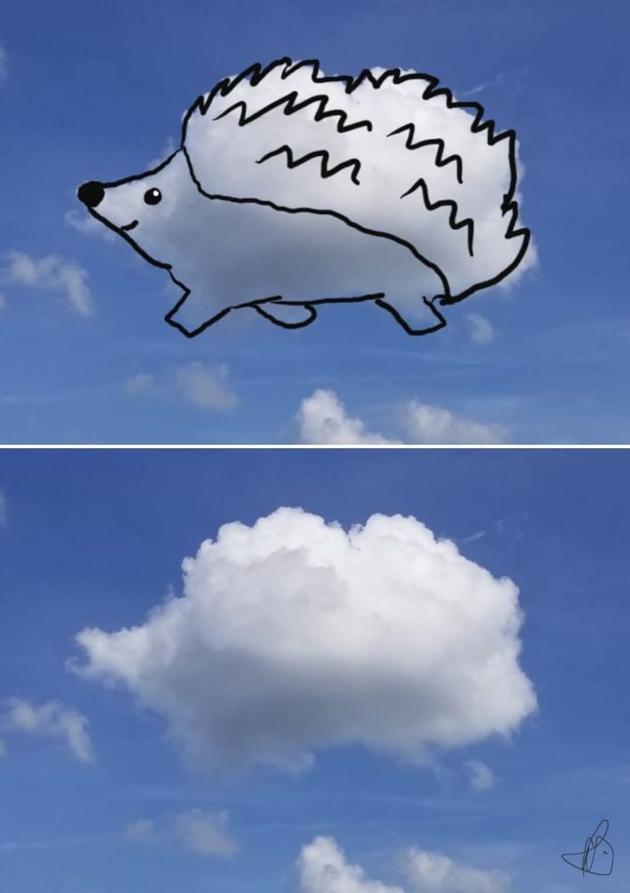 Two photos of one cloud. 1 shows what the cloud inspired me to draw. My 1st Cloudthing was a helicopter on 10 June 2018 and I have been doing them ever since, some are old, some are new, some I spend 5 minutes on, some I spend 20 minutes on. Frivolous fleeting fun because why not. 😺☁️