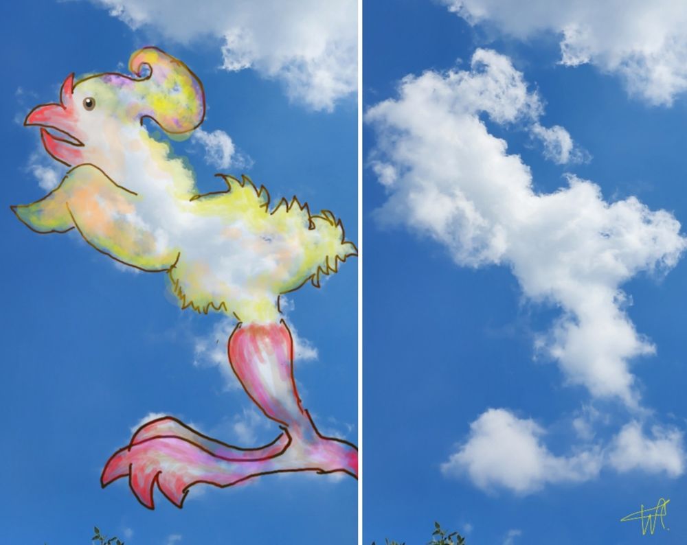 Two photos of one cloud. 1 shows what the cloud inspired me to draw. My 1st Cloudthing was a helicopter on 10 June 2018 and I have been doing them ever since, some are old, some are new, some I spend 5 minutes on, some I spend 20 minutes on. Frivolous fleeting fun because why not. 😺☁️