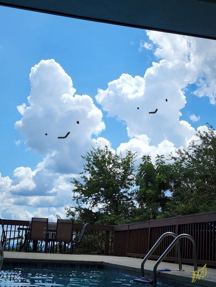 Two photos of one cloud. 1 shows what the cloud inspired me to draw. My 1st Cloudthing was a helicopter on 10 June 2018 and I have been doing them ever since, some are old, some are new, some I spend 5 minutes on, some I spend 20 minutes on. Frivolous fleeting fun because why not. 😺☁️