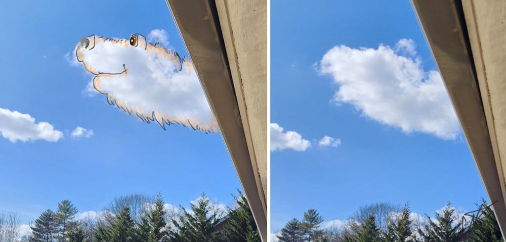 Two photos of one cloud. 1 shows what the cloud inspired me to draw. My 1st Cloudthing was a helicopter on 10 June 2018 and I have been doing them ever since, some are old, some are new, some I spend 5 minutes on, some I spend 20 minutes on. Frivolous fleeting fun because why not. 😺☁️