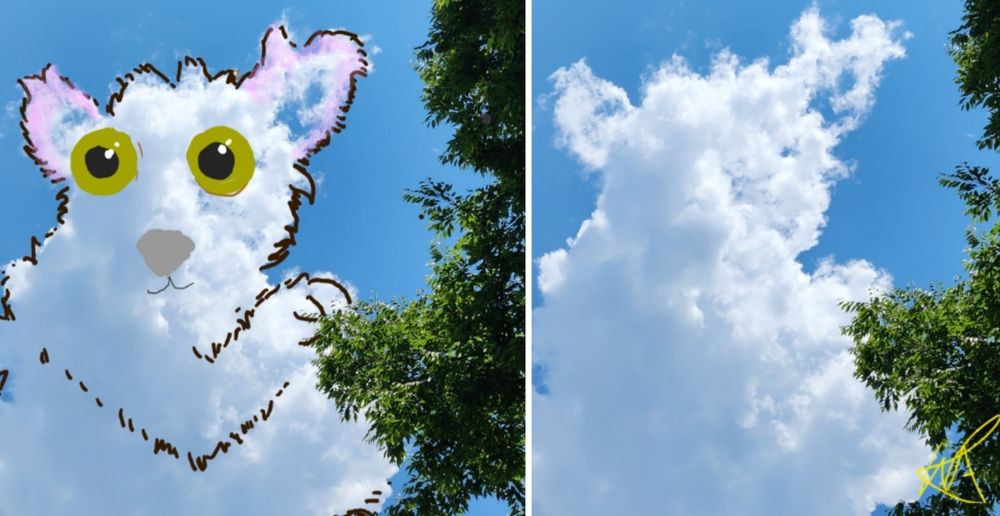Two photos of one cloud. 1 shows what the cloud inspired me to draw. My 1st Cloudthing was a helicopter on 10 June 2018 and I have been doing them ever since, some are old, some are new, some I spend 5 minutes on, some I spend 20 minutes on. Frivolous fleeting fun because why not. 😺☁️ 