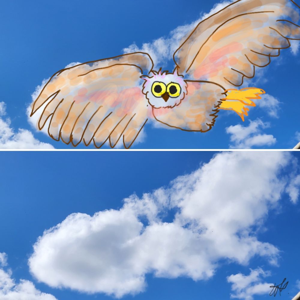 Two photos of one cloud. 1 shows what the cloud inspired me to draw. My 1st Cloudthing was a helicopter on 10 June 2018 and I have been doing them ever since, some are old, some are new, some I spend 5 minutes on, some I spend 20 minutes on. Frivolous fleeting fun because why not. 😺☁️