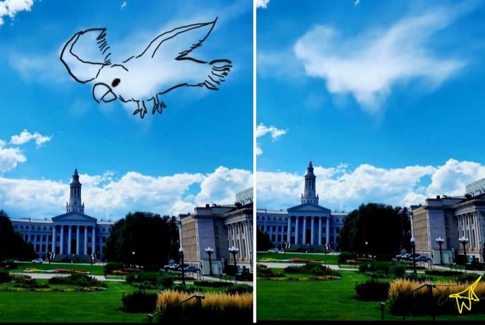 Two photos of one cloud. 1 shows what the cloud inspired me to draw. My 1st Cloudthing was a helicopter on 10 June 2018 and I have been doing them ever since, some are old, some are new, some I spend 5 minutes on, some I spend 20 minutes on. Frivolous fleeting fun because why not. 😺☁️