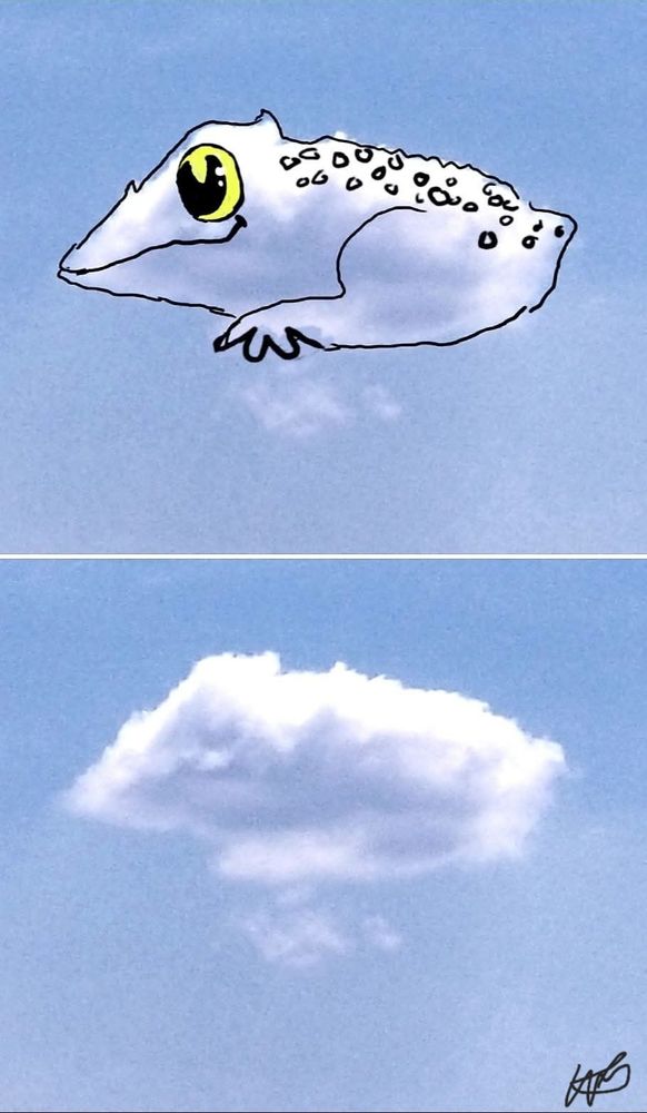 Two photos of one cloud. 1 shows what the cloud inspired me to draw. My 1st Cloudthing was a helicopter on 10 June 2018 and I have been doing them ever since, some are old, some are new, some I spend 5 minutes on, some I spend 20 minutes on. Frivolous fleeting fun because why not. 😺☁️
