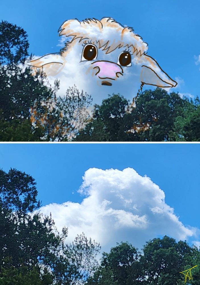 
Two photos of one cloud. 1 shows what the cloud inspired me to draw. My 1st Cloudthing was a helicopter on 10 June 2018 and I have been doing them ever since, some are old, some are new, some I spend 5 minutes on, some I spend 20 minutes on. Frivolous fleeting fun because why not. 😺☁️