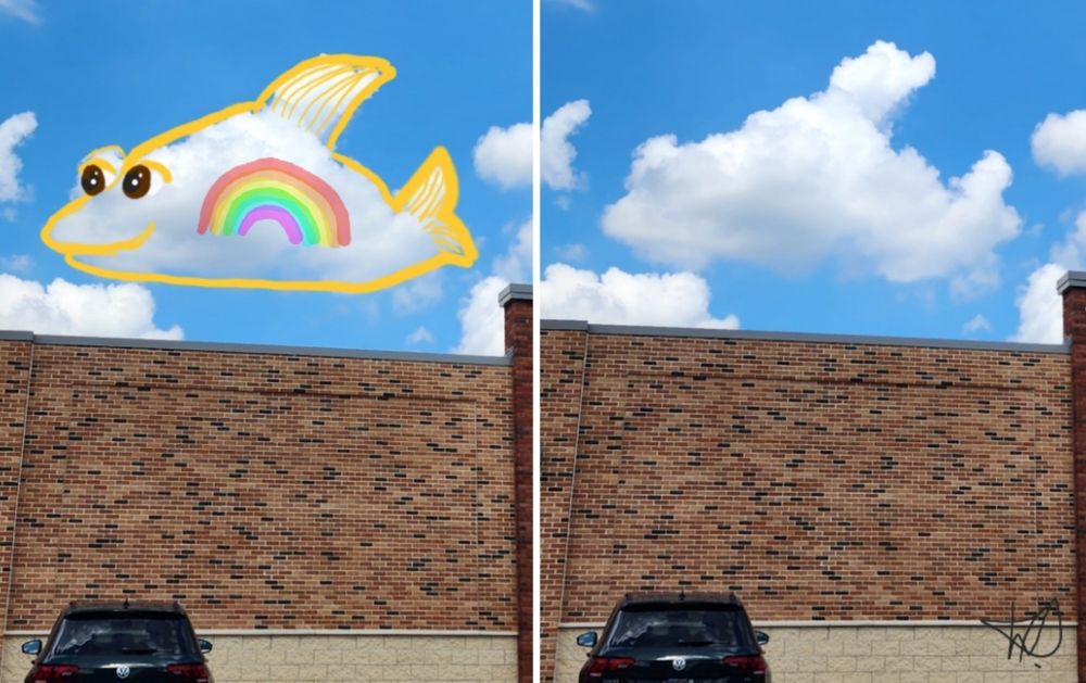 Two photos of one cloud. 1 shows what the cloud inspired me to draw. My 1st Cloudthing was a helicopter on 10 June 2018 and I have been doing them ever since, some are old, some are new, some I spend 5 minutes on, some I spend 20 minutes on. Frivolous fleeting fun because why not. 😺☁️