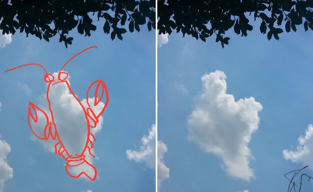 Two photos of one cloud. 1 shows what the cloud inspired me to draw. My 1st Cloudthing was a helicopter on 10 June 2018 and I have been doing them ever since, some are old, some are new, some I spend 5 minutes on, some I spend 20 minutes on. Frivolous fleeting fun because why not. 😺☁️