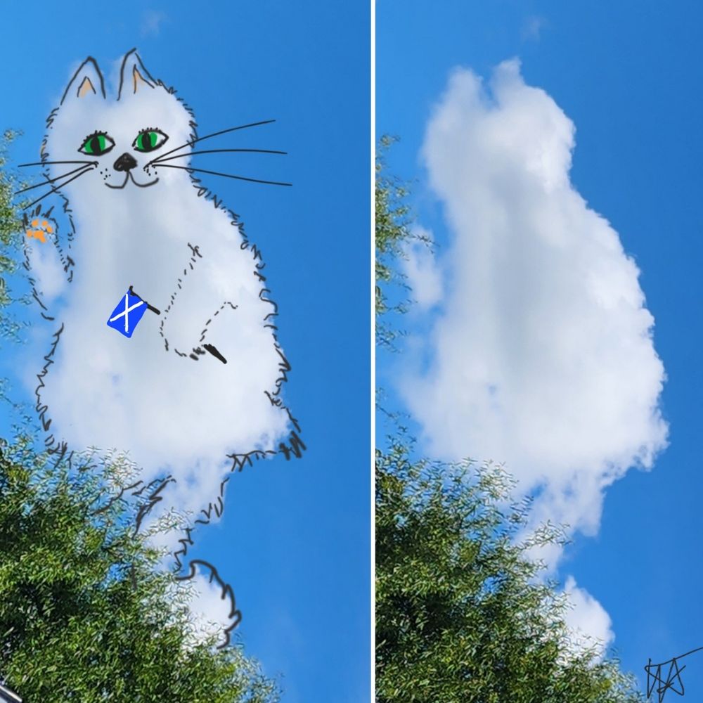 Two photos of one cloud. 1 shows what the cloud inspired me to draw. My 1st Cloudthing was a helicopter on 10 June 2018 and I have been doing them ever since, some are old, some are new, some I spend 5 minutes on, some I spend 20 minutes on. Frivolous fleeting fun because why not. 😺☁️