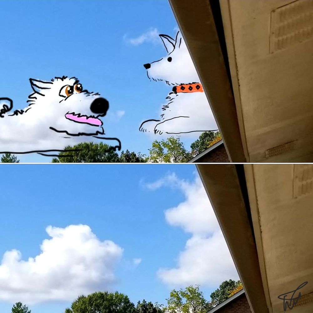 Two photos of one cloud. 1 shows what the cloud inspired me to draw. My 1st Cloudthing was a helicopter on 10 June 2018 and I have been doing them ever since, some are old, some are new, some I spend 5 minutes on, some I spend 20 minutes on. Frivolous fleeting fun because why not. 😺☁️