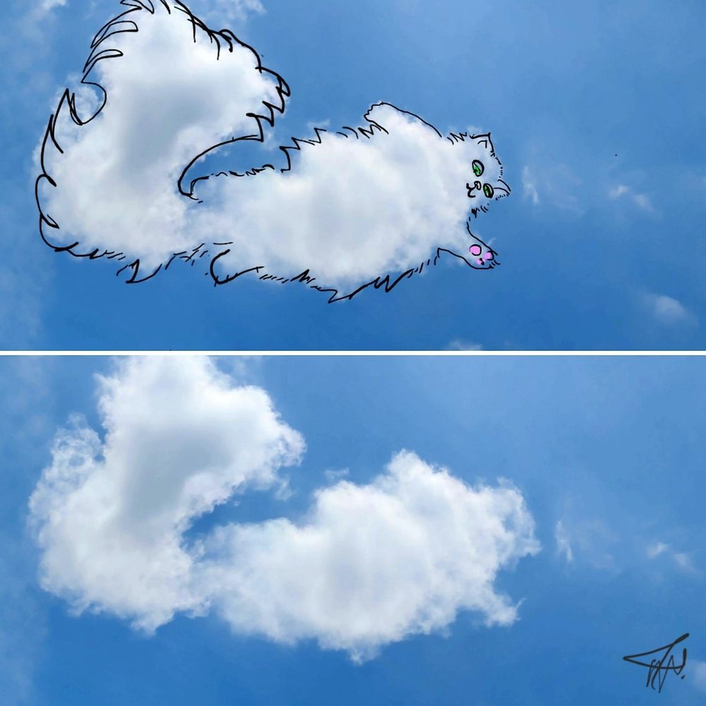 Two photos of one cloud. 1 shows what the cloud inspired me to draw. My 1st Cloudthing was a helicopter on 10 June 2018 and I have been doing them ever since, some are old, some are new, some I spend 5 minutes on, some I spend 20 minutes on. Frivolous fleeting fun because why not. 😺☁️