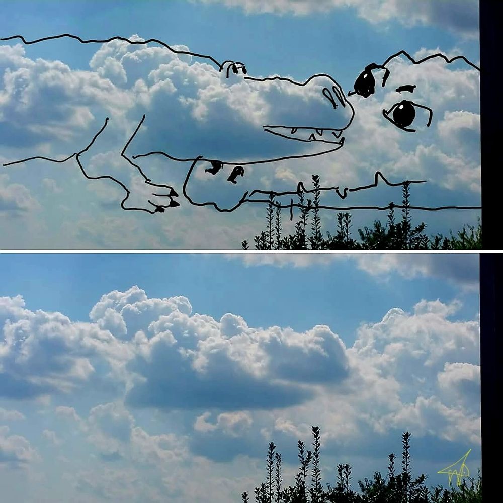 Two photos of one cloud. 1 shows what the cloud inspired me to draw. My 1st Cloudthing was a helicopter on 10 June 2018 and I have been doing them ever since, some are old, some are new, some I spend 5 minutes on, some I spend 20 minutes on. Frivolous fleeting fun because why not. 😺☁️