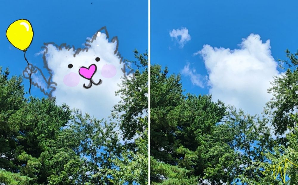 
Two photos of one cloud. 1 shows what the cloud inspired me to draw. My 1st Cloudthing was a helicopter on 10 June 2018 and I have been doing them ever since, some are old, some are new, some I spend 5 minutes on, some I spend 20 minutes on. Frivolous fleeting fun because why not. 😺☁️