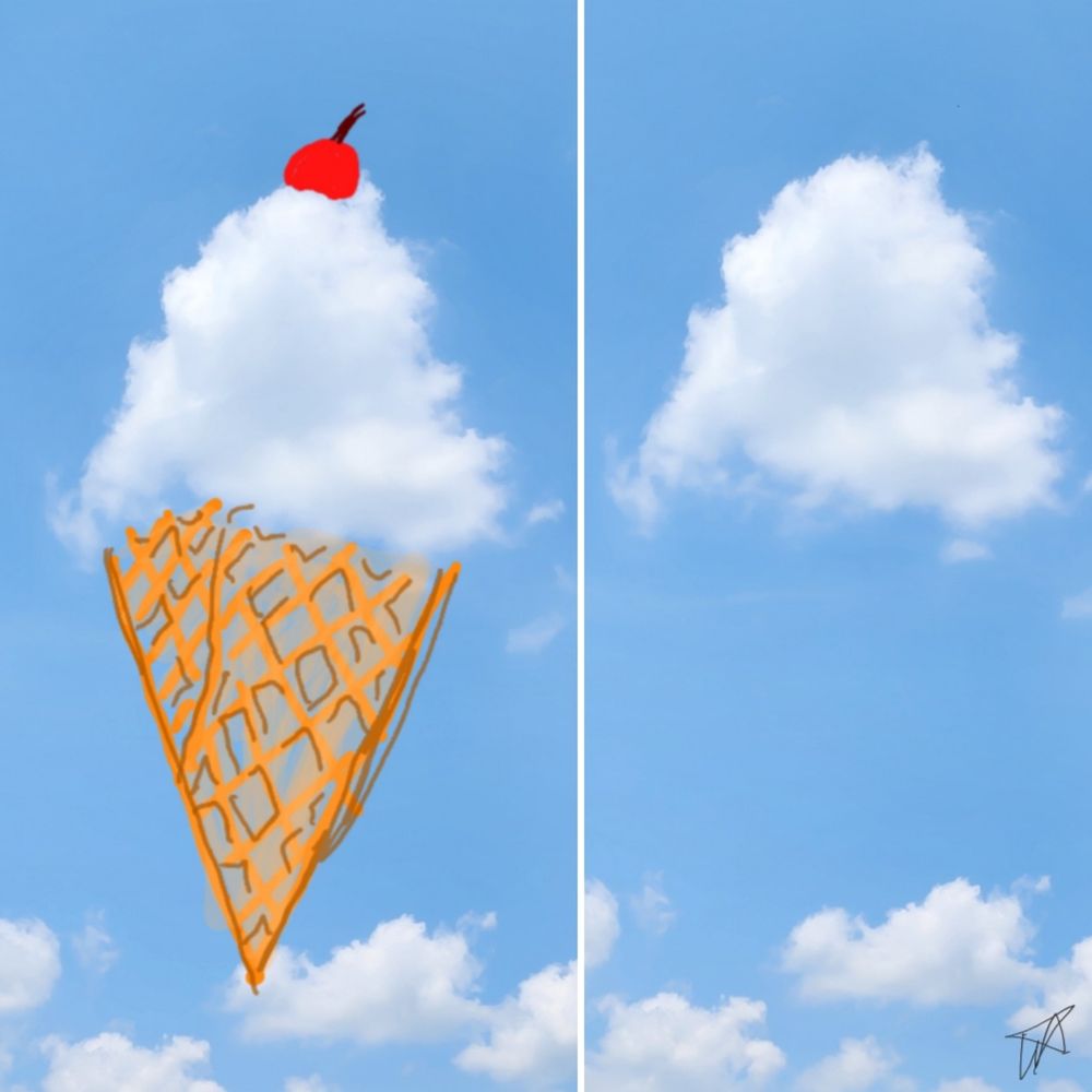 Two photos of one cloud. 1 shows what the cloud inspired me to draw. My 1st Cloudthing was a helicopter on 10 June 2018 and I have been doing them ever since, some are old, some are new, some I spend 5 minutes on, some I spend 20 minutes on. Frivolous fleeting fun because why not. 😺☁️