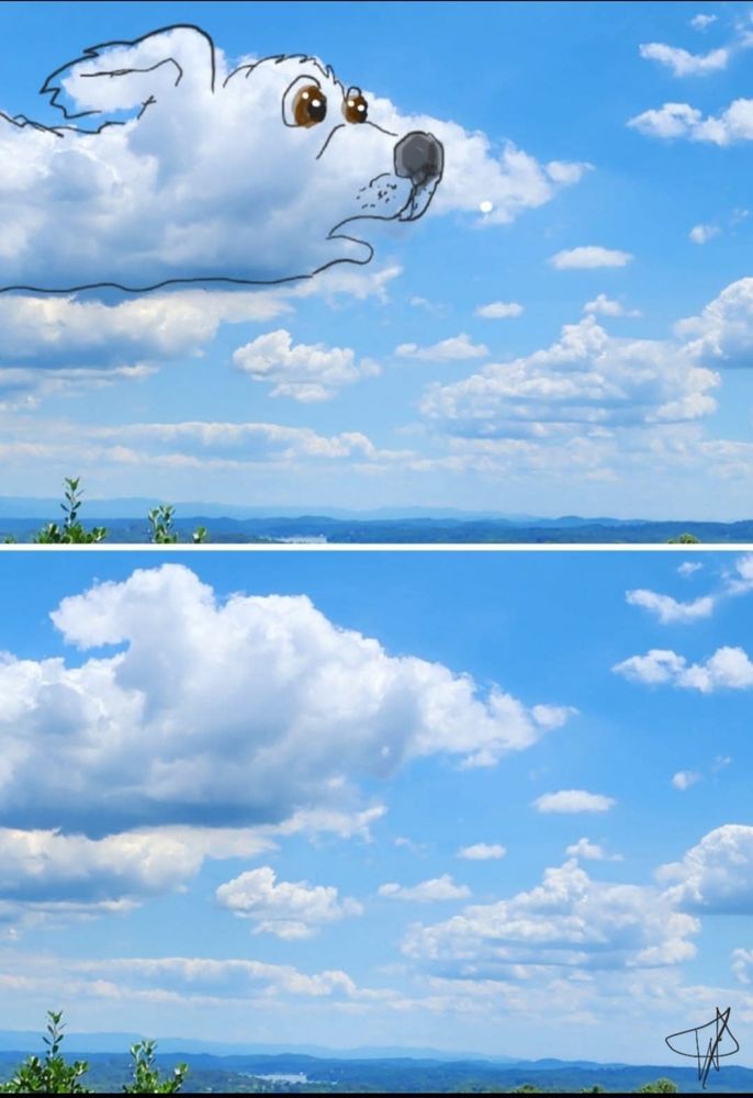 Two photos of one cloud. 1 shows what the cloud inspired me to draw. My 1st Cloudthing was a helicopter on 10 June 2018 and I have been doing them ever since, some are old, some are new, some I spend 5 minutes on, some I spend 20 minutes on. Frivolous fleeting fun because why not. 😺☁️