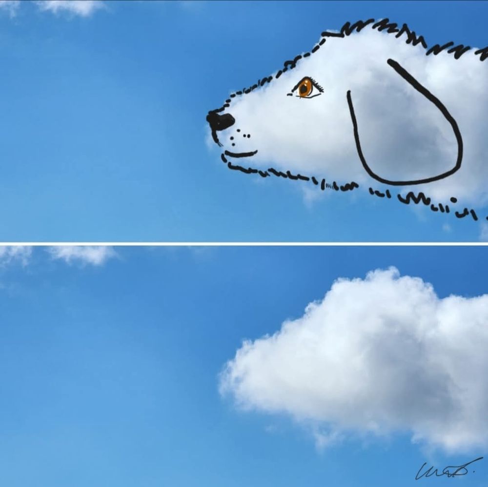Two photos of one cloud. 1 shows what the cloud inspired me to draw. My 1st Cloudthing was a helicopter on 10 June 2018 and I have been doing them ever since, some are old, some are new, some I spend 5 minutes on, some I spend 20 minutes on. Frivolous fleeting fun because why not. 😺☁️