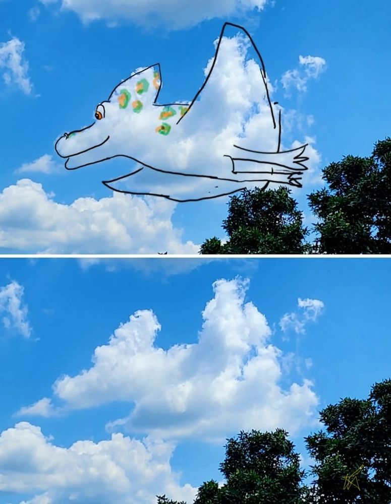 Two photos of one cloud. 1 shows what the cloud inspired me to draw. My 1st Cloudthing was a helicopter on 10 June 2018 and I have been doing them ever since, some are old, some are new, some I spend 5 minutes on, some I spend 20 minutes on. Frivolous fleeting fun because why not. 😺☁️