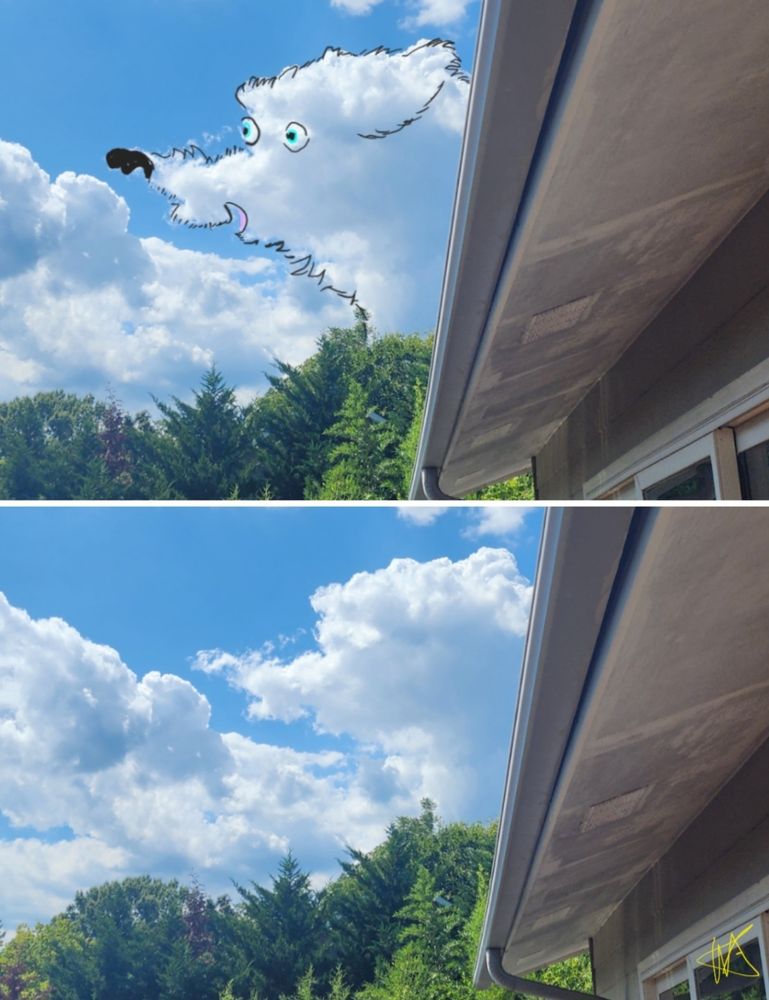 Two photos of one cloud. 1 shows what the cloud inspired me to draw. My 1st Cloudthing was a helicopter on 10 June 2018 and I have been doing them ever since, some are old, some are new, some I spend 5 minutes on, some I spend 20 minutes on. Frivolous fleeting fun because why not. 😺☁️