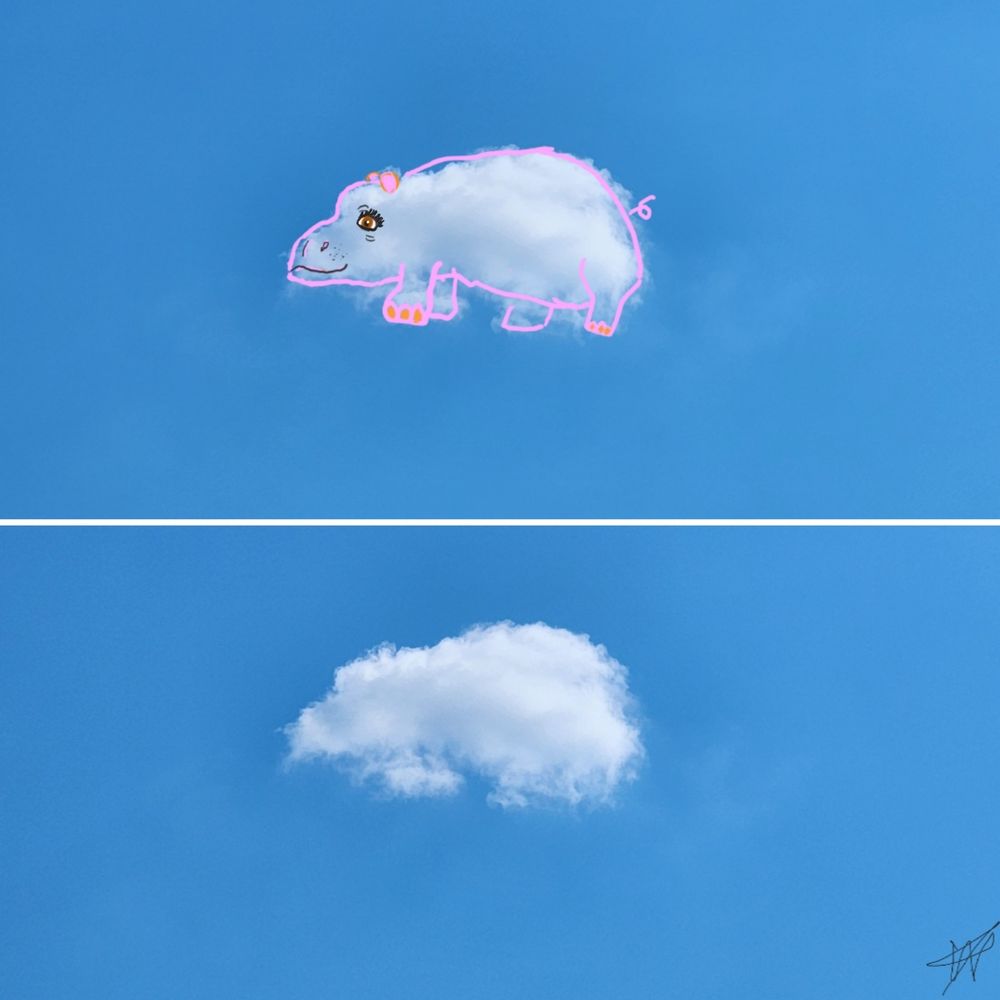 Two photos of one cloud. 1 shows what the cloud inspired me to draw. My 1st Cloudthing was a helicopter on 10 June 2018 and I have been doing them ever since, some are old, some are new, some I spend 5 minutes on, some I spend 20 minutes on. Frivolous fleeting fun because why not. 😺☁️