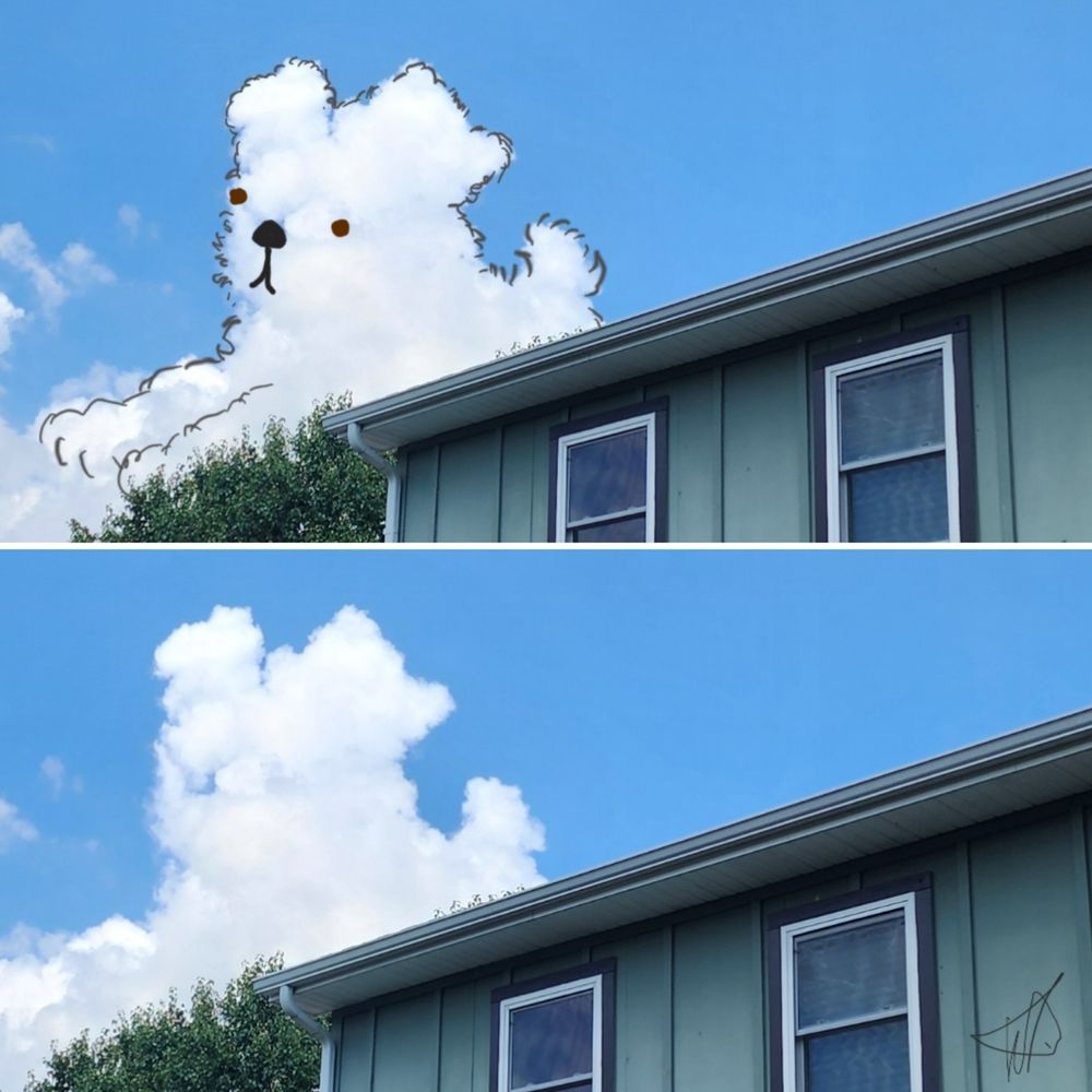 Two photos of one cloud. 1 shows what the cloud inspired me to draw. My 1st Cloudthing was a helicopter on 10 June 2018 and I have been doing them ever since, some are old, some are new, some I spend 5 minutes on, some I spend 20 minutes on. Frivolous fleeting fun because why not. 😺☁️