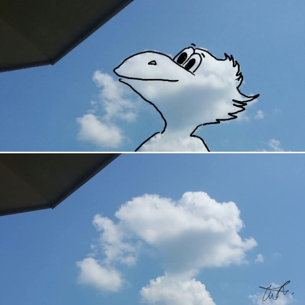 Two photos of one cloud. 1 shows what the cloud inspired me to draw. My 1st Cloudthing was a helicopter on 10 June 2018 and I have been doing them ever since, some are old, some are new, some I spend 5 minutes on, some I spend 20 minutes on. Frivolous fleeting fun because why not. 😺☁️