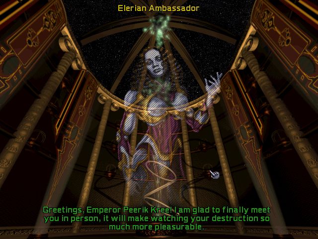 Master of Orion 2 screenshot of the diplomacy screen with text "Greetings, Emperor Peerik Krieel. I am glad to finally meet you in person. It will make watching your destruction so much more pleasurable"
