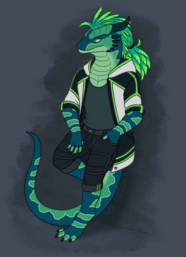 A chibi of an anthro lizard, sporting green scales patterned with blue stripes, a pair of dark horns and green head-feathers tied back into a ponytail. He's wearing a navy and white hoody lined with bright green edges, an olive undershirt and long dark grey shorts. He's leaning against a wall, with his right arm rested against his thigh and his left hand partially in his pocket, his thumb sticking out over the rim. His half-lidded green eyes and neutral expression look a mix of relaxed and bored.