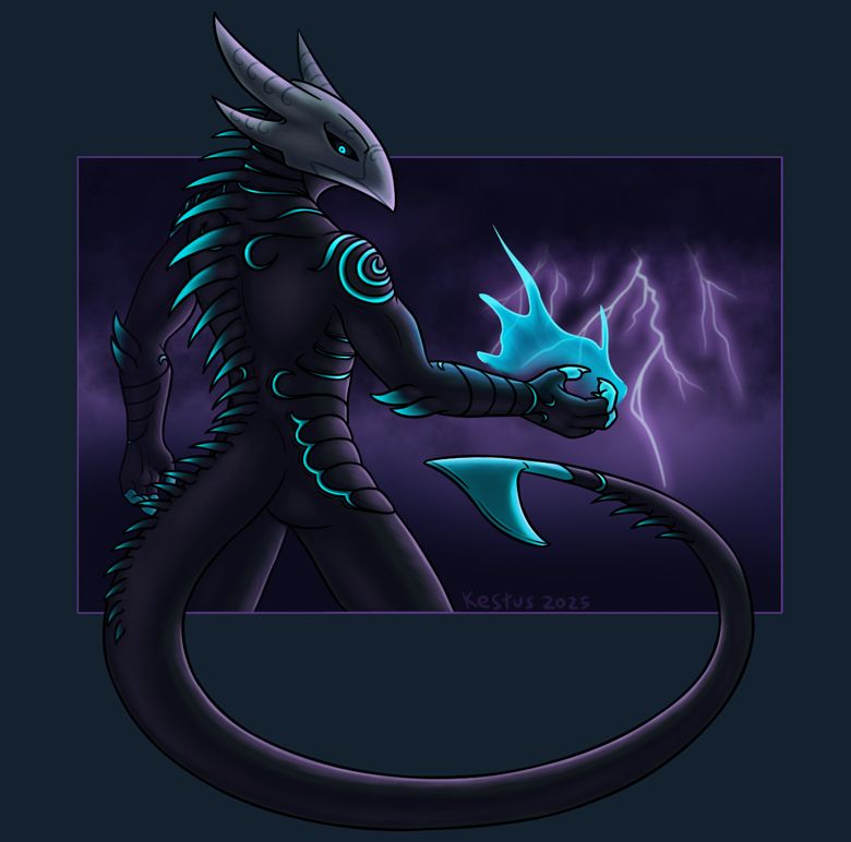 Digital art of an anthro dragon-like character, with a black body marked with bright blue etchings and a beak-like mask of steel on his face. The character's back is turned to the viewer, with a scythe-tipped tail curling around and his clawed right hand held out, generating flame-like blue energy. 

In the background, a thunderstorm rages, a flash of purple lightning illuminating the character's body. His head is turned to look towards the viewer behind him, a piercing blue eye glaring out from the darkness of his mask.