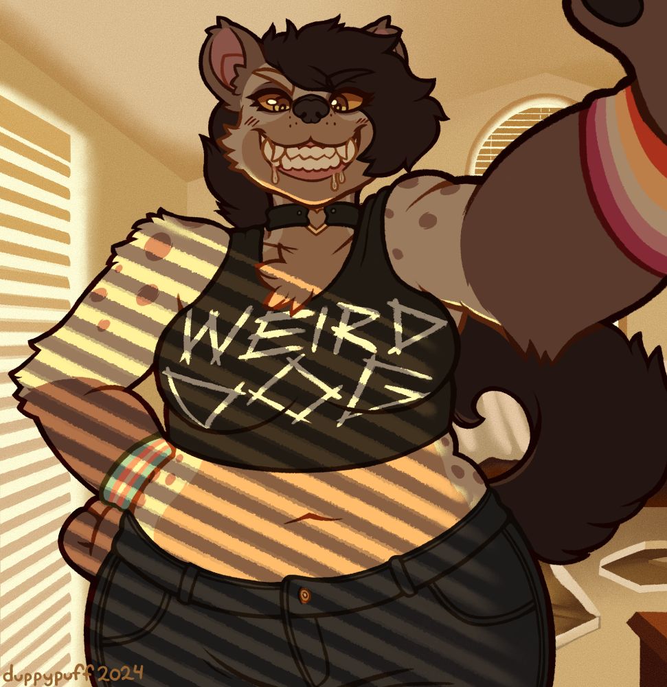 Commission by duppypuff. A hyena woman looms menacingly over the camera, grinning and drooling.