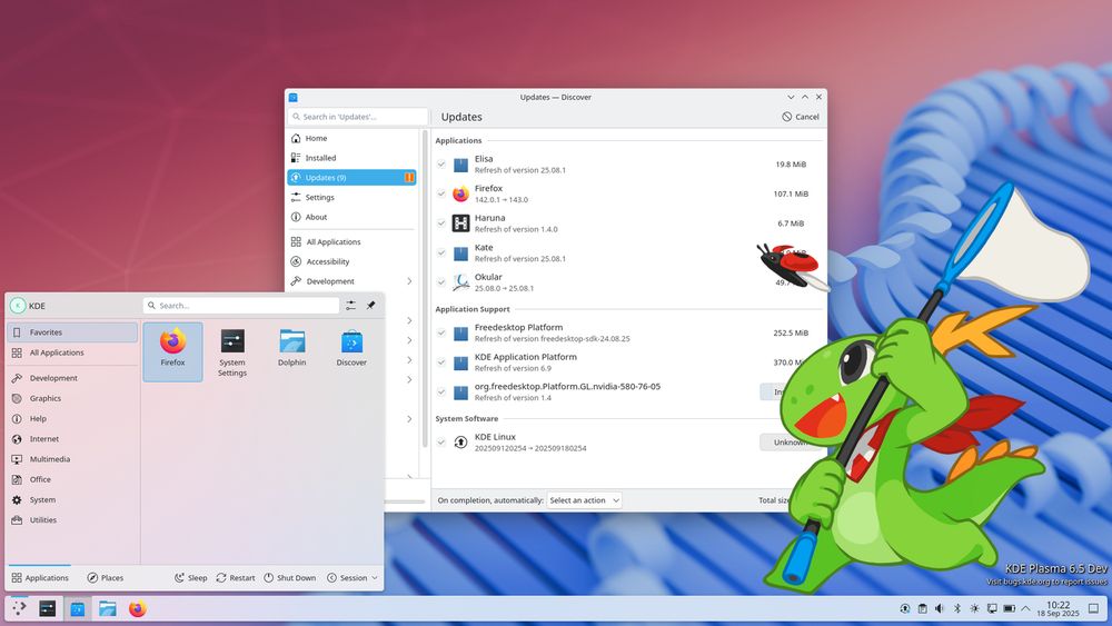 Konqi, KDE's pet dragon, chases a bug across the Plasma 6.5 desktop.
