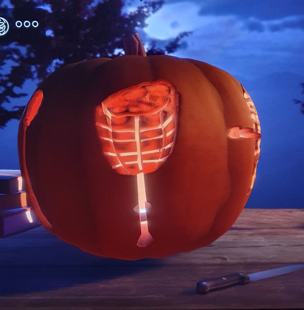 Virtually carved pumpkin lantern depicting The Jade Ham gag weapon from Dragon Age Inquisition