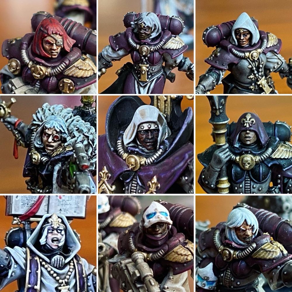 A collage of painted Sisters of Battle minis focusing on their faces