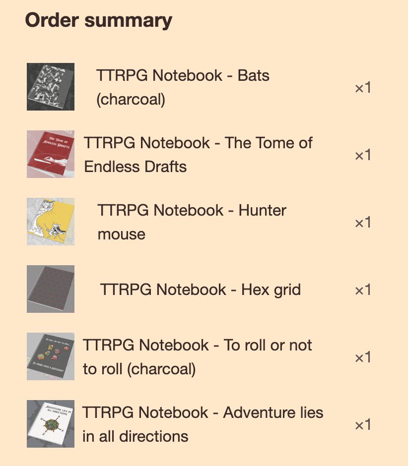 An order summary showing the purchase of 6 notebooks.