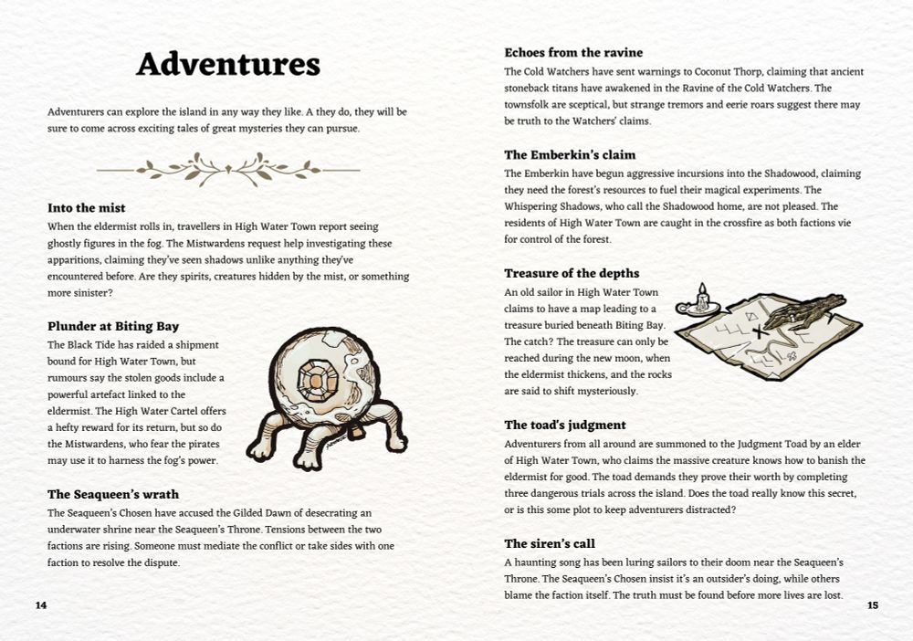 A page from Eldermist Shores showing some of the adventures available in the setting.