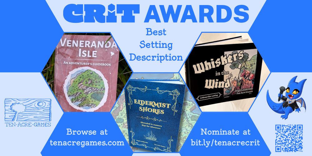 CRIT Awards nomination candidates for Best Setting Description: Veneranda Isle, Eldermist Shores, and Whiskers in the Wind.